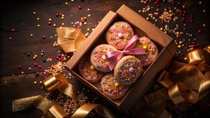 Poster - A box of freshly baked, colorful sprinkle-covered pastries, tied with a pink ribbon and surrounded by gold ribbon and scattered sprinkles on a rustic wood surface.