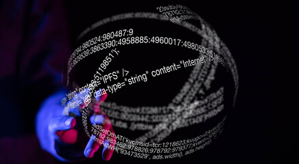 Fototapete - A hand interacts with a 3D holographic sphere displaying lines of code, representing data and technology.