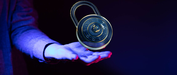 Poster - Cybersecurity concept.  A glowing padlock symbolizes data protection and online safety.