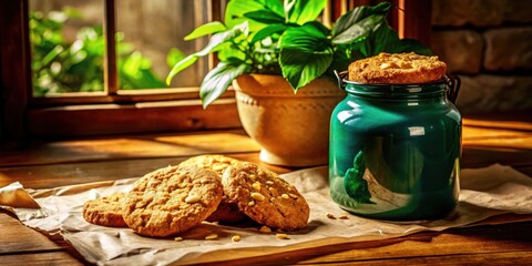 Poster - A rustic wooden table setting with a green jar filled with cookies and a plant pot in the background, featuring a natural light source highlighting the texture of the table and cookies