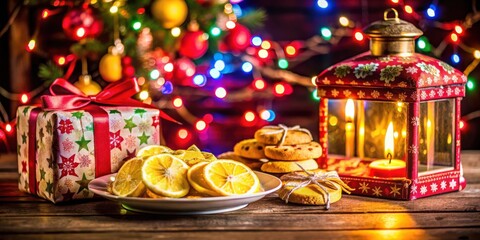 Aufkleber - A Festive Christmas Still Life with Gifts, Cookies, and a Lantern Glowing with Warm Candlelight