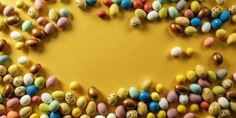 Aufkleber - A festive Easter arrangement with a colorful border of speckled and solid painted eggs on a sunny yellow background