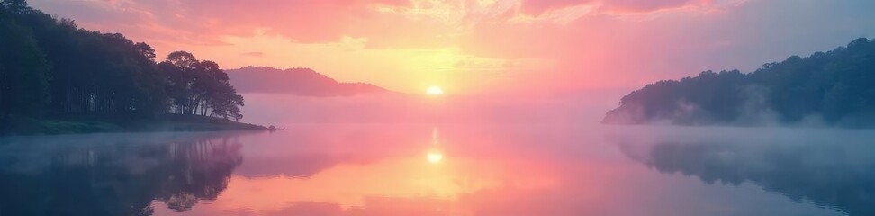 Wall Mural - Serene sunrise over a tranquil lake, misty morning light paints the landscape in soft pastels Perfect for calendars, websites, or peaceful backgrounds , outdoor, beautiful, quiet