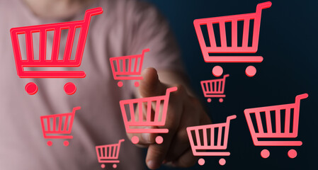 Aufkleber - E-commerce, online retail, digital shopping, touchscreen technology, convenient purchasing.