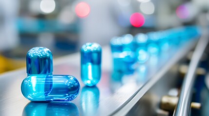 Poster - colorful blue capsules move along a conveyor belt in a pharmaceutical manufacturing facility during 