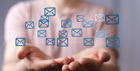 Poster - Hand holding network of email icons.  Digital communication, global network, connection concept.