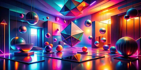 Poster - A futuristic neon-lit room with geometric shapes, vibrant colors, and reflective surfaces creates a mesmerizing and abstract scene.