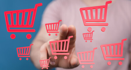 Aufkleber - Person interacts with virtual shopping carts, showcasing online shopping and e-commerce.