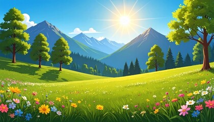  vibrant cartoon landscape with a bright sun shining over a flower-filled green valley, with trees and mountains in the background under a blue sky