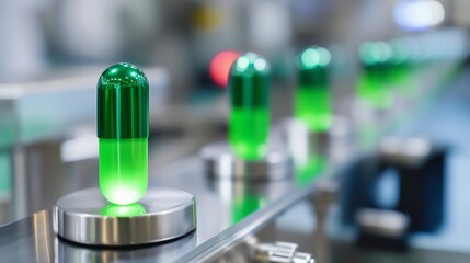 Poster - capsules in green color moving along industrial conveyor belt at pharmaceutical manufacturing facili