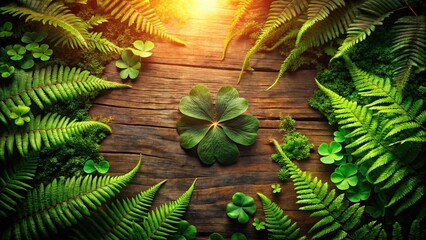 Poster - A single four-leaf clover surrounded by lush ferns and moss on a rustic wooden surface, bathed in warm sunlight.