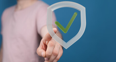 Aufkleber - Image of a hand selecting a digital shield with a checkmark, symbolizing data security and safety.
