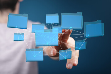 Aufkleber - Hand interacting with a network of digital files.  Cloud storage, data management, network concept.