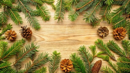 Poster - A rustic wooden background adorned with lush green pine branches and pinecones, creating a festive and natural backdrop.