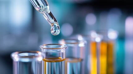 Poster - laboratory technician conducting an experiment with glass test tubes filled with colorful liquids