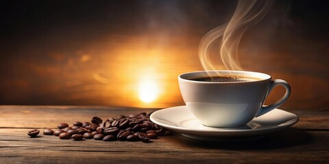 Poster - Aromatic Coffee Steaming on a Wooden Table with Scattered Beans, Illuminated by the Warm Glow of a Sunset