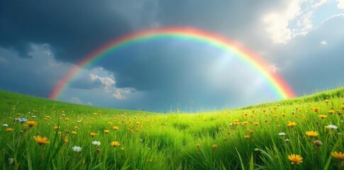 Wall Mural - A vibrant rainbow arcing across a lush green meadow, sunlight illuminating dew-kissed wildflowers The bow's colors are intensely saturated, a spectacle of natural beauty , outdoor, rainbow