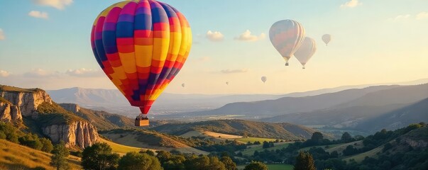 Wall Mural - A vibrant, multicolored hot air balloon gracefully soars above a picturesque landscape, embodying the sheer joy and freedom of passionate travel , excitement, colorful