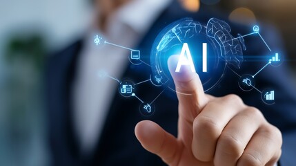 Poster - Innovative individual interacting with futuristic AI technology in a modern office setting