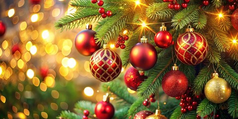 Aufkleber - A Close-Up of Ornamental Balls Adorned with Festive Gold Accents Hanging from a Lush Evergreen Branch, Illuminating the Atmosphere with the Warm Glow of Holiday Lights