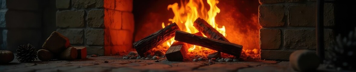 Wall Mural - Crackling firewood flames dance in a cozy fireplace, casting warm, inviting light and shadows on the surrounding stone Perfect for autumn, winter, and holiday themes , ember, red, autumn