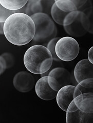 Poster - An abstract black and white image features a collection of translucent, overlapping bubbles of varying sizes. The bubbles are scattered across a dark background, creating a sense of depth and movement