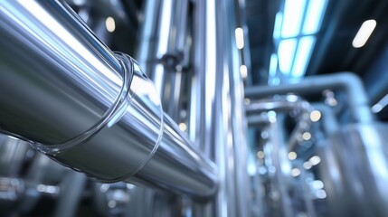 Poster - Industrial metallic pipes with reflections in a modern facility during daytime
