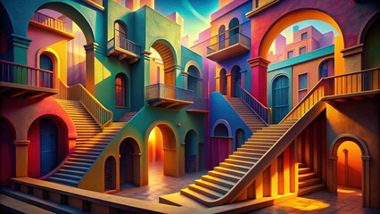 Poster - A vibrant courtyard with winding staircases and colorful arches, creating a surreal and dreamlike atmosphere