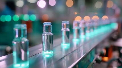 Poster - glass vials moving along a conveyor belt in a modern manufacturing facility at twilight