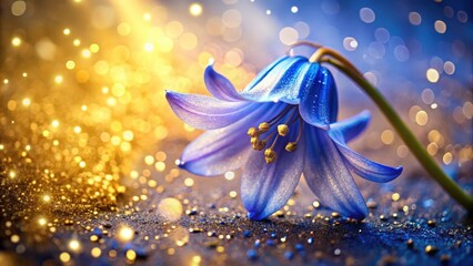 Aufkleber - A solitary blue flower with dew drops rests on a shimmering surface, bathed in soft golden light.