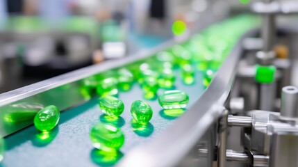 Poster - production line of green gel capsules in a manufacturing facility at daytime