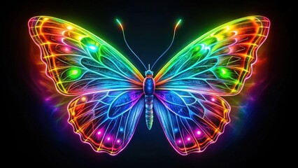 Poster - A vibrant butterfly with iridescent wings, glowing with an ethereal light, against a dark background.
