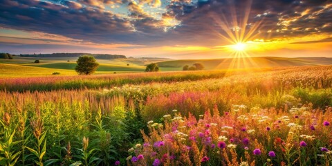 Poster - A vibrant field of wildflowers basking in the golden glow of a breathtaking sunset, with dramatic clouds casting long shadows across the landscape.