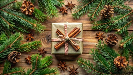 Aufkleber - A Rustic Christmas Gift Wrapped in Brown Paper with Twine, Cinnamon Sticks, and Pine Branches on a Wooden Background