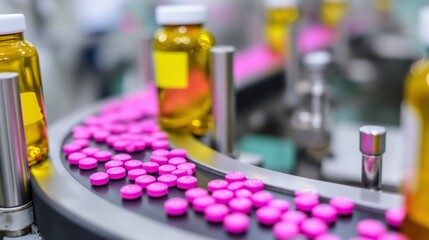 Poster - production line showcasing pink tablets and bottles in a pharmaceutical facility in action
