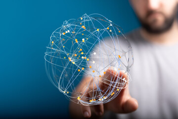 Aufkleber - Abstract image of a person interacting with a digital global network. Represents connection, technology, and data.