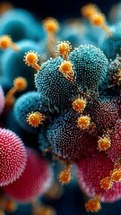Poster - Vibrant microscopic view of a synthetic molecular structure with spiky surface texture and bright biological detail