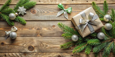 Poster - Festive Gift Package Surrounded by Silver Ornaments and Evergreen Sprigs on a Rustic Wooden Surface
