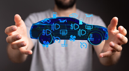 Poster - Person presenting a digital car with illuminated maintenance indicators. Auto repair, diagnostics concept.