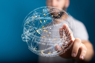 Aufkleber - Close-up of a person interacting with a 3D holographic sphere showing data connections.