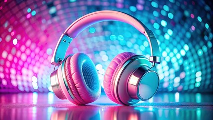 Poster - Pink headphones with silver accents in a vibrant blue and pink bokeh background