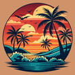 © Najmul Design Hub - Tropical Sunset Beach Scene with Palm Trees and Birds