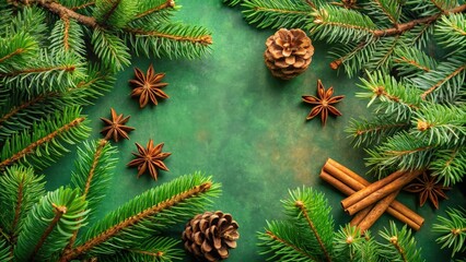 Poster - Evergreen branches, star anise, cinnamon sticks, and pine cones form a festive border on a green backdrop