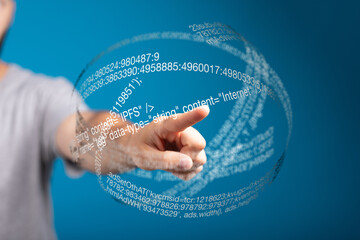 Fototapete - Person interacts with a digital sphere showing code and data, technology concept.