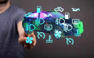 Aufkleber - Stock photo of a man interacting with a digital car showing warning lights and diagnostic symbols.