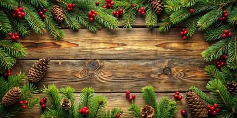 Poster - Rustic Christmas Background With Evergreen Branches, Pine Cones, and Red Berries On Weathered Wooden Plank Surface