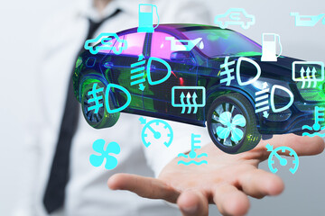 Poster - Modern car diagnostics.  Interactive interface displays vehicle status and alerts.