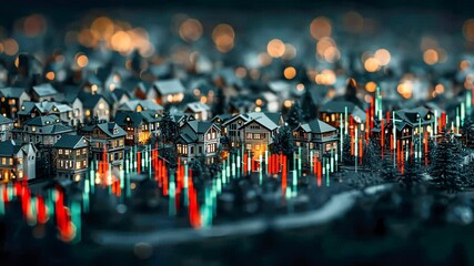 Poster - Stylized suburb scene overlaid with red and green trading chart candlesticks, merging real estate with investment data