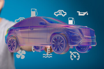 Poster - Modern car checkup.  Digital interface shows service needs.
