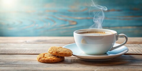 Poster - A steaming cup of coffee with two cookies on a wooden table with a blurred background of aqua blue wood grain.